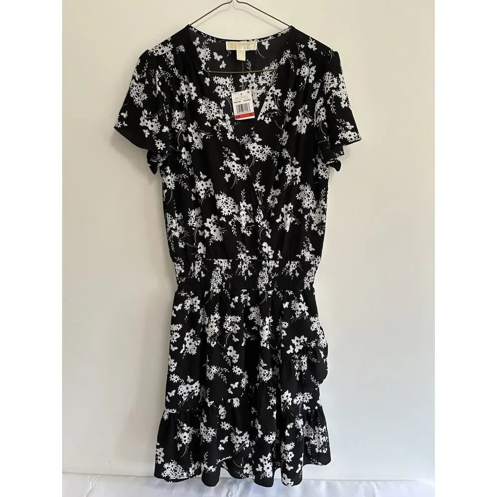 NWT Michael Michael Kors Womens Black Floral Fit & Flared Tiered Dress‎ Size XS